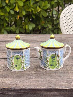 Vintage 1998 Enesco Winterthur Gazebo Covered Sugar & Creamer Set Floral Flowers